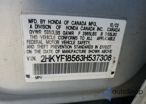 2003 Honda Pilot Exl из США, поврежденный, VIN 2HKYF18563H537308